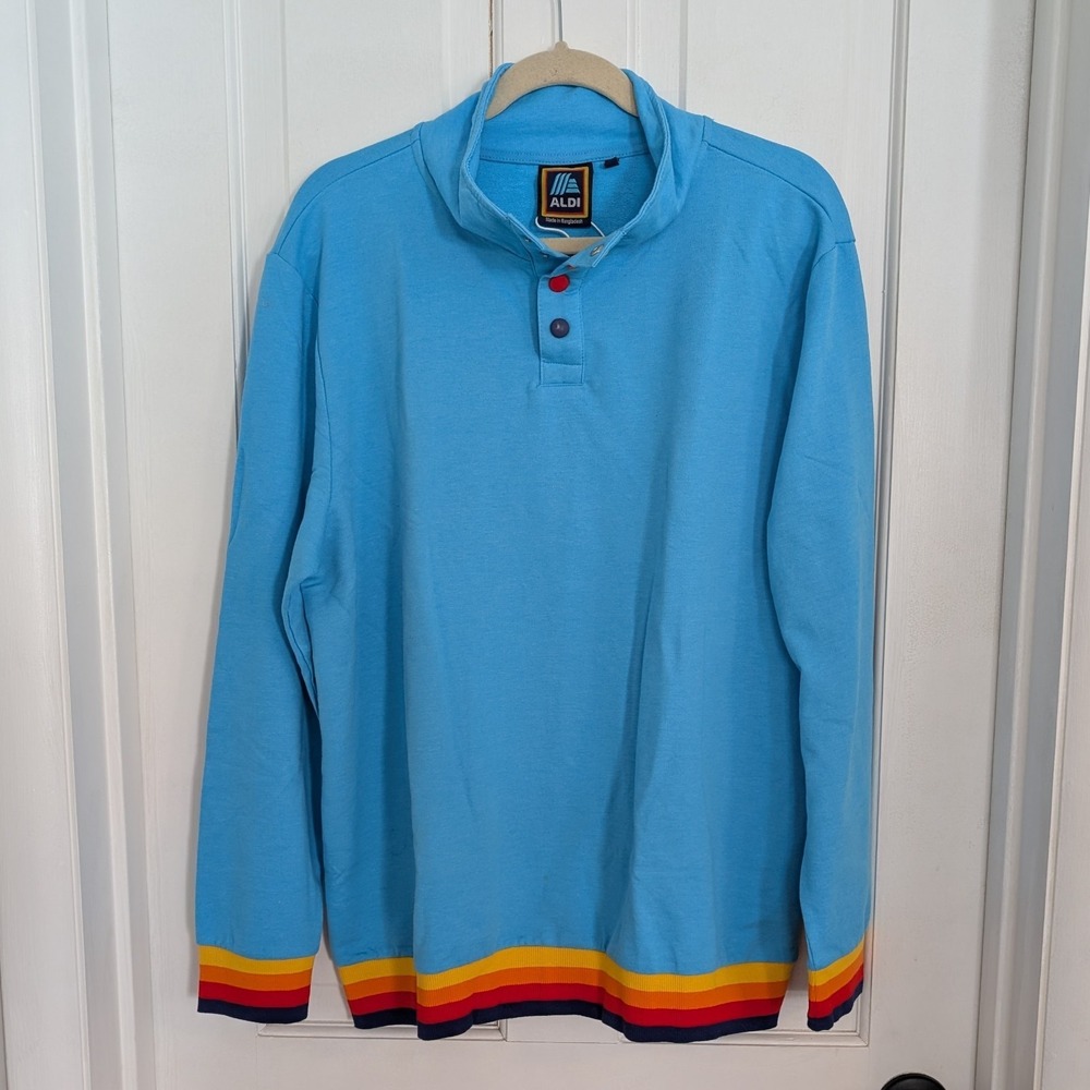 Aldi 2023 Capsule Gear‎ Unisex Pullover Sweatshirt LARGE 1/4 Snap Rainbow Trim